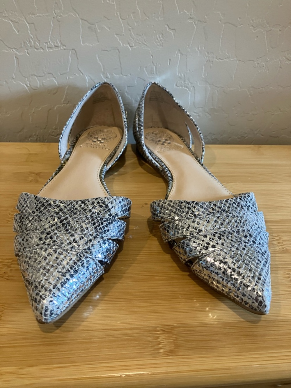 Vince Camuto Silver and Black Snake-Print Pointed D'Orsay Flats